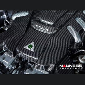 Alfa Romeo Giulia Engine Cover - Carbon Fiber - QV Version - White Candy Accents + Giulia Logo + Cloverleaf 